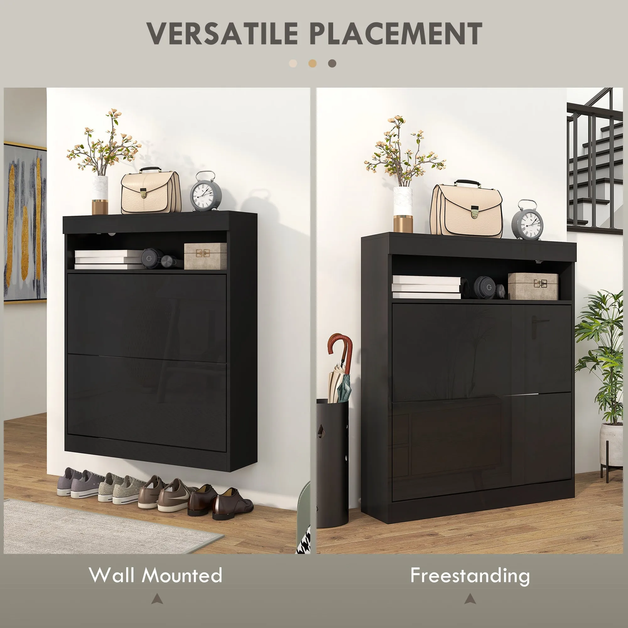 16 Shoe Pair Shoe Storage Cabinet Cupboard With Flip Doors - Black