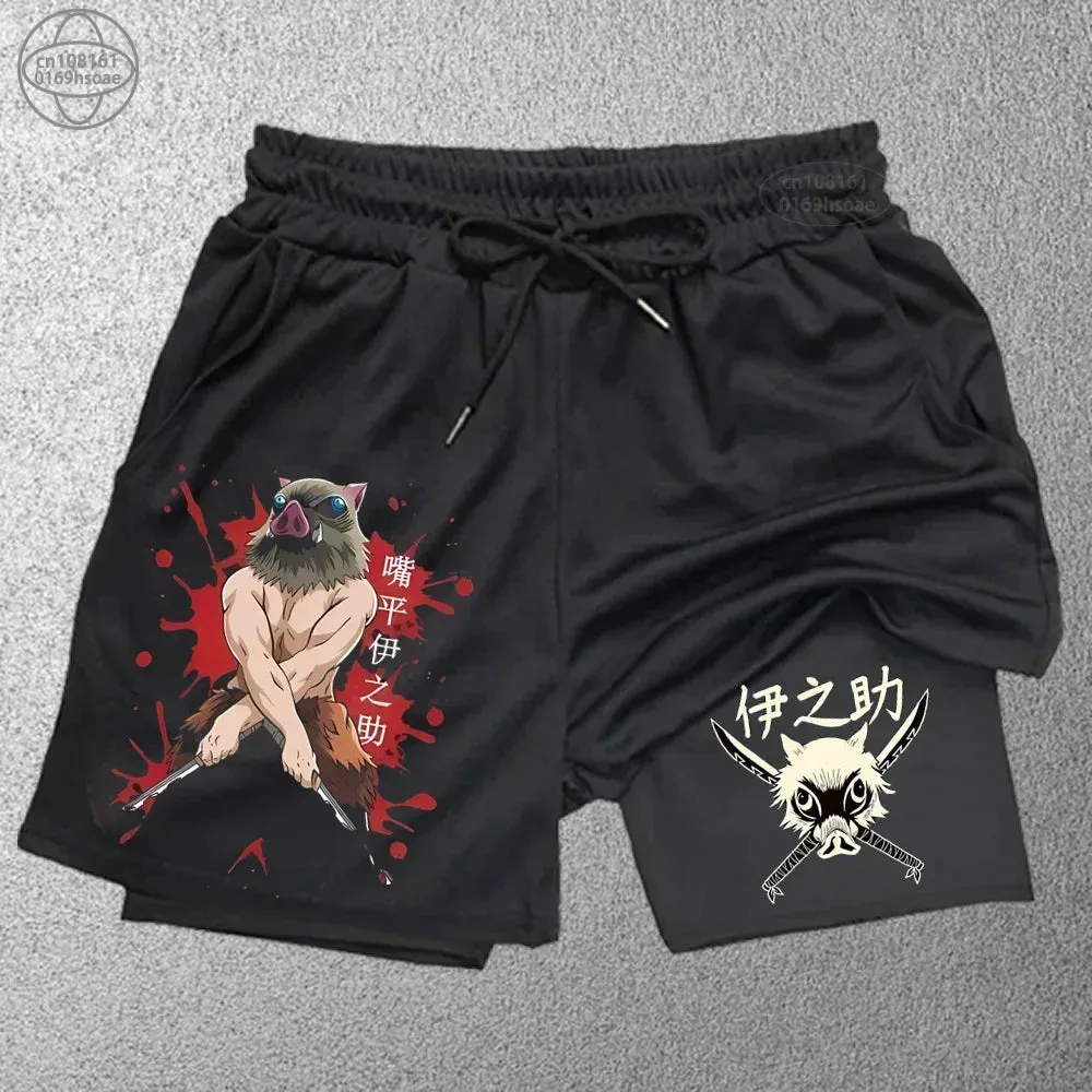 2 in1 anime funny graphic mesh shorts