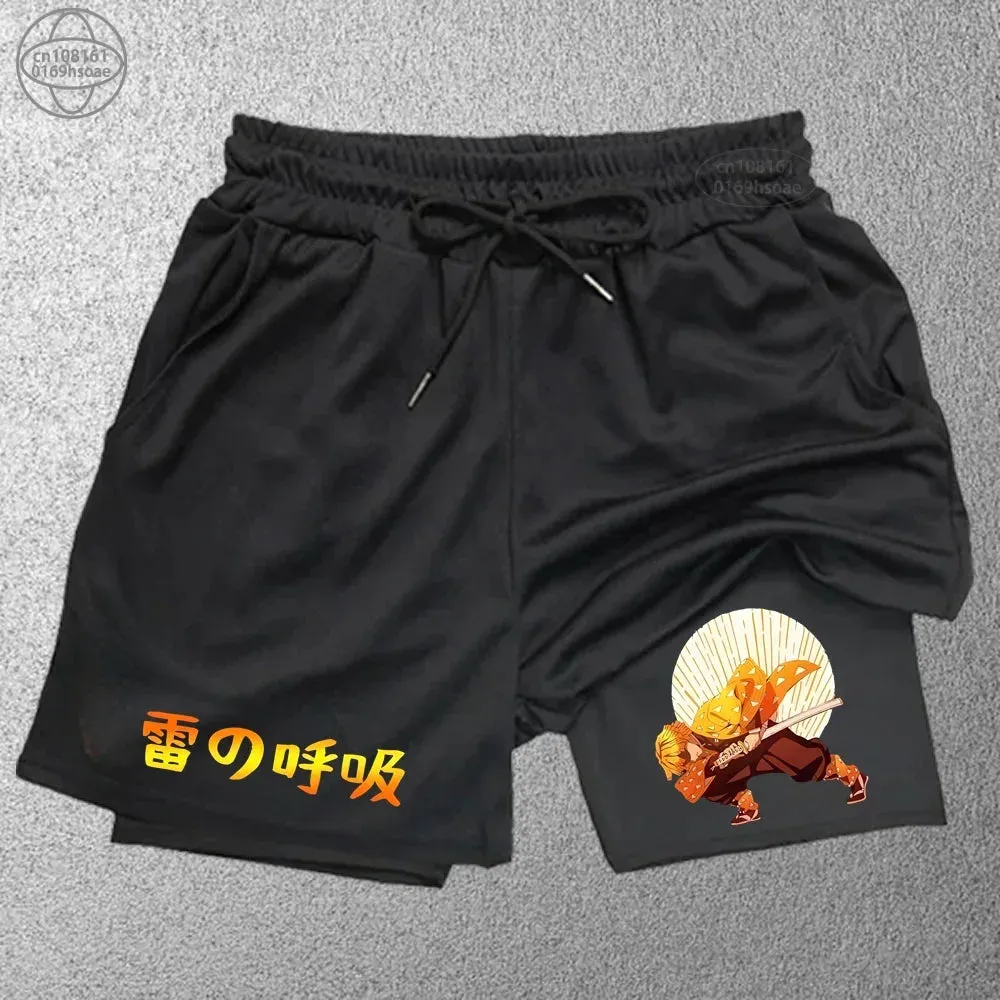 2 in1 anime funny graphic mesh shorts