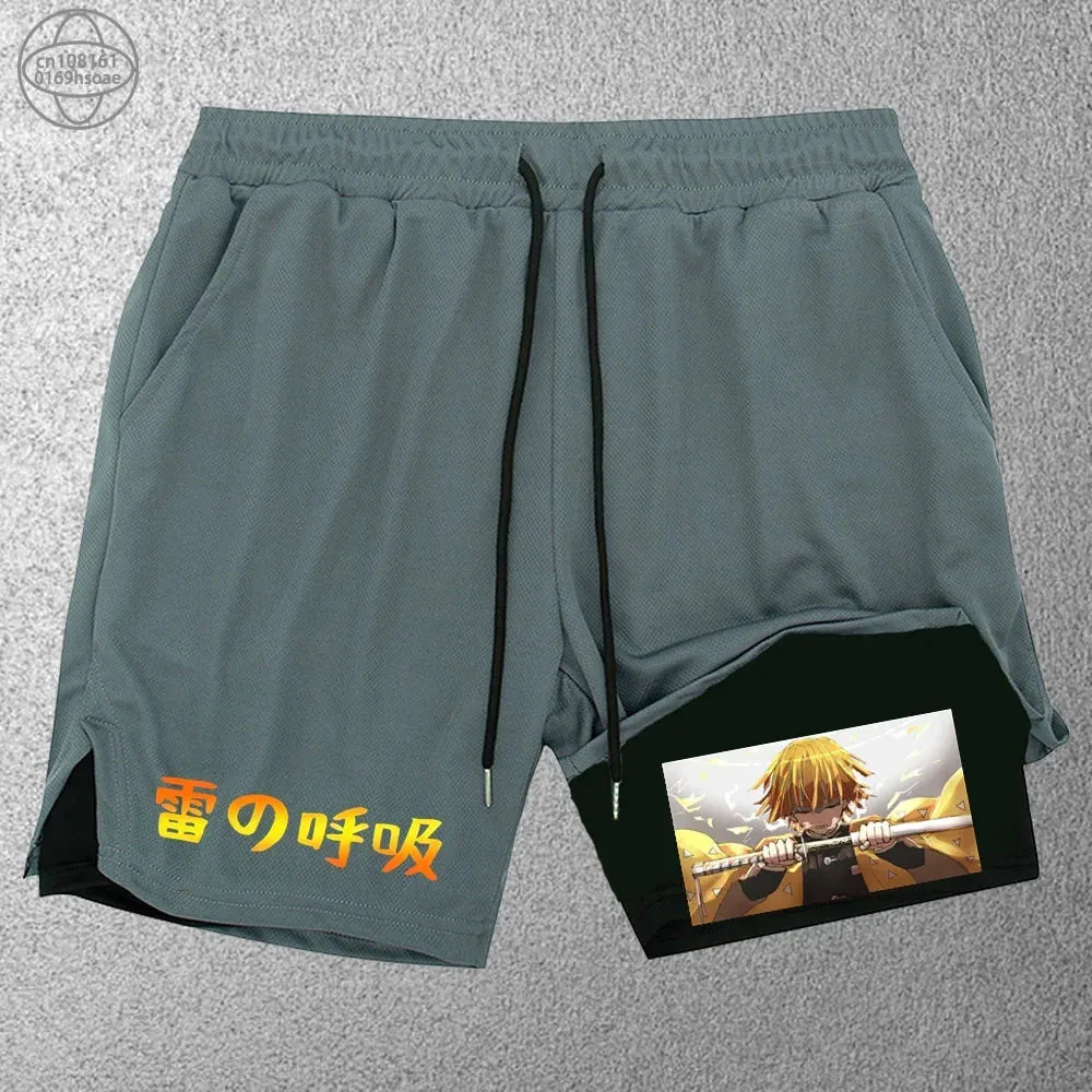 2 in1 anime funny graphic mesh shorts