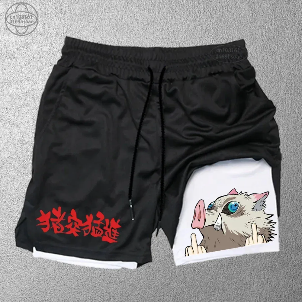 2 in1 anime funny graphic mesh shorts