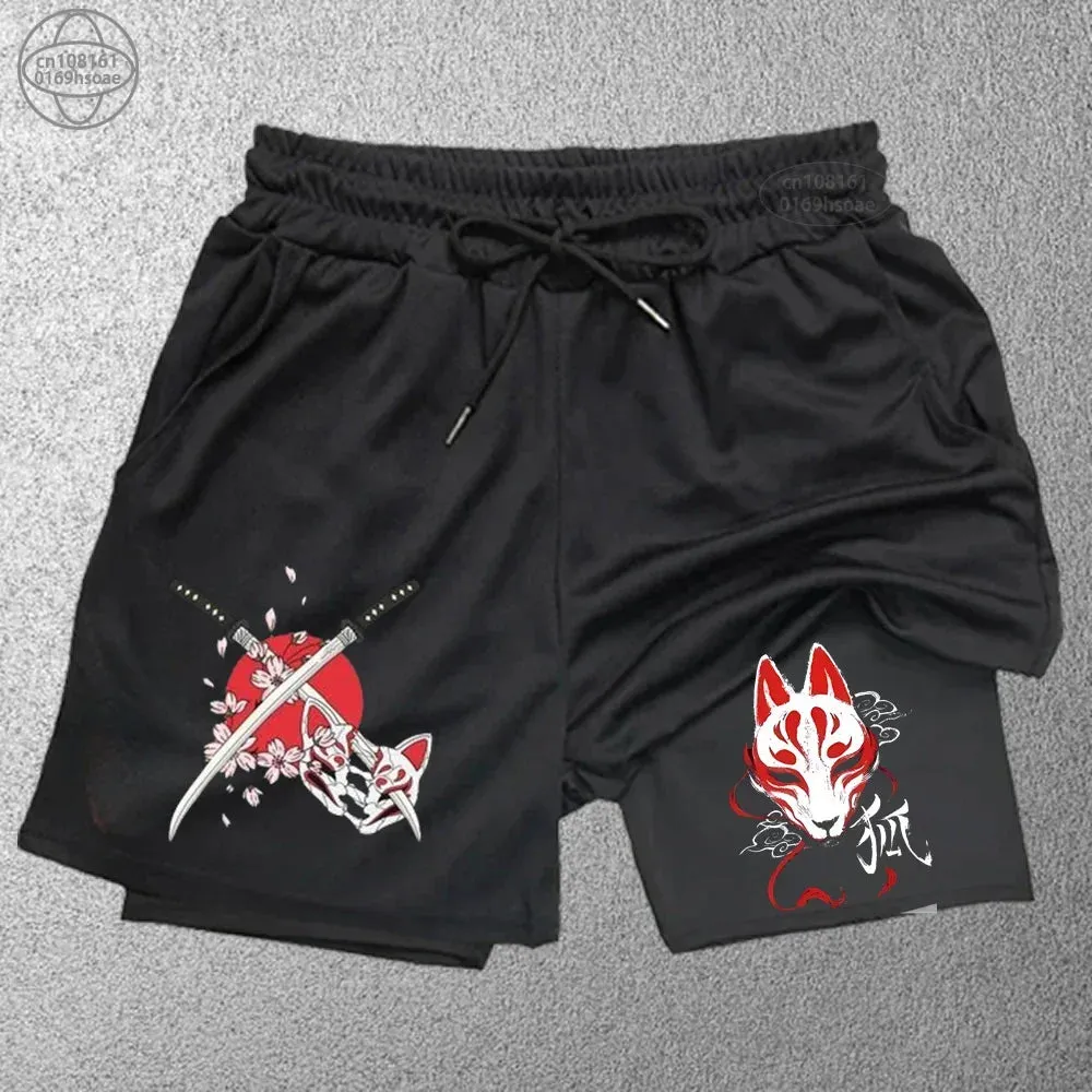 2 in1 anime funny graphic mesh shorts