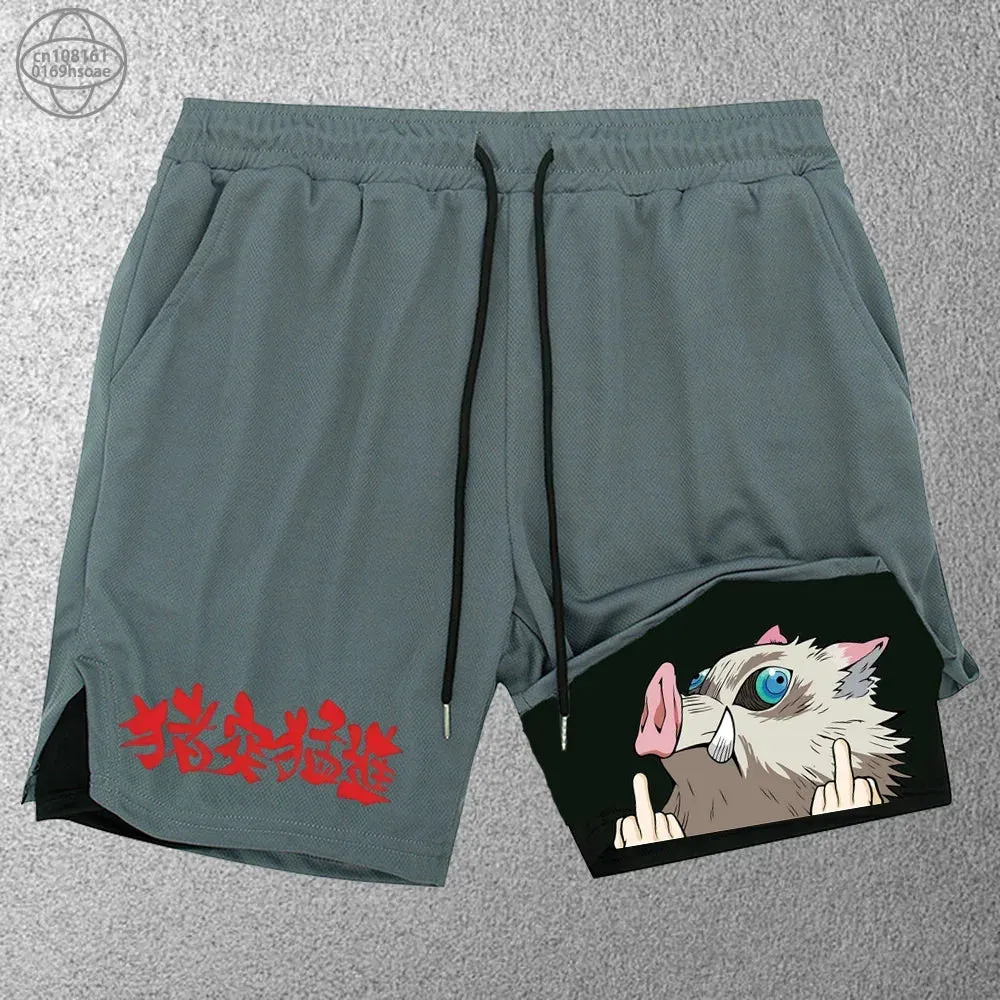 2 in1 anime funny graphic mesh shorts