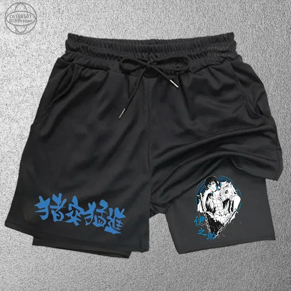 2 in1 anime funny graphic mesh shorts