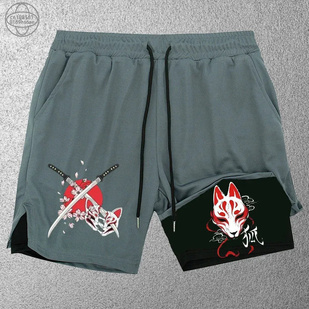 2 in1 anime funny graphic mesh shorts