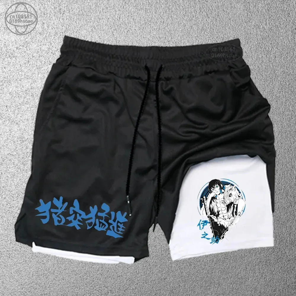 2 in1 anime funny graphic mesh shorts