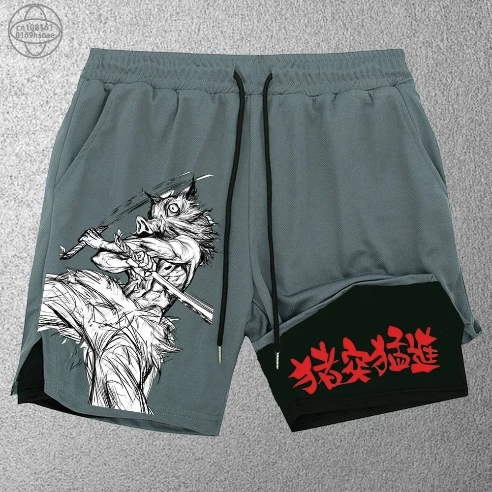 2 in1 anime funny graphic mesh shorts