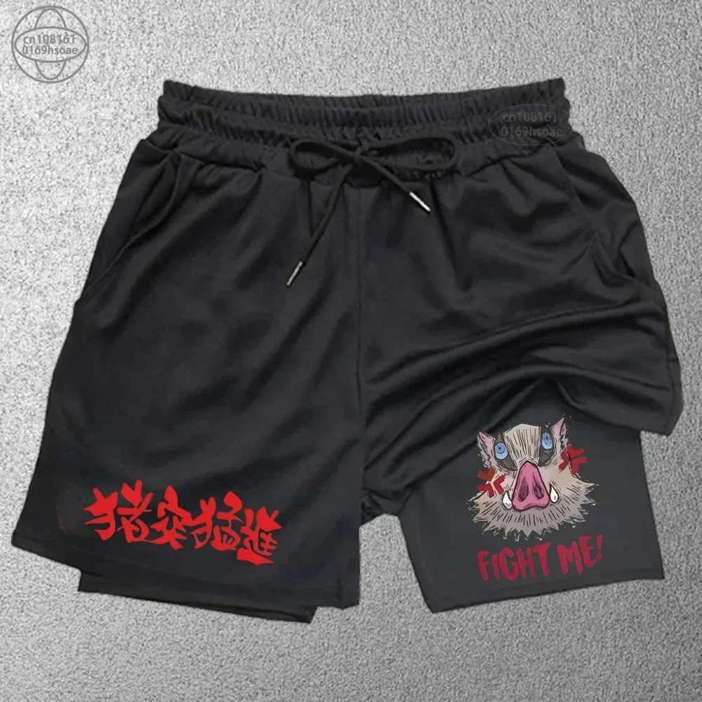 2 in1 anime funny graphic mesh shorts