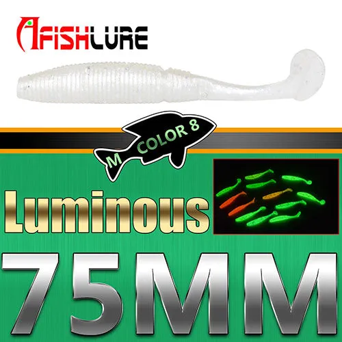 6pcs/lot  T Tail Soft Grub Glow 75mm 3g Luminous soft fishing lure Abdomen open hook Paddle Tail Soft Lure Bass Fishing bait