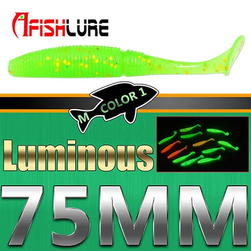 6pcs/lot  T Tail Soft Grub Glow 75mm 3g Luminous soft fishing lure Abdomen open hook Paddle Tail Soft Lure Bass Fishing bait