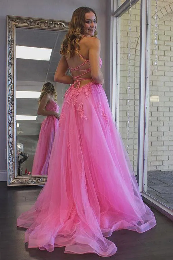 A Line Scoop Neck Hot Pink Tulle Prom Evening Dresses with Split PSK273