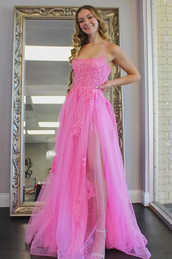 A Line Scoop Neck Hot Pink Tulle Prom Evening Dresses with Split PSK273