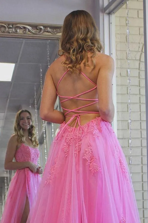 A Line Scoop Neck Hot Pink Tulle Prom Evening Dresses with Split PSK273