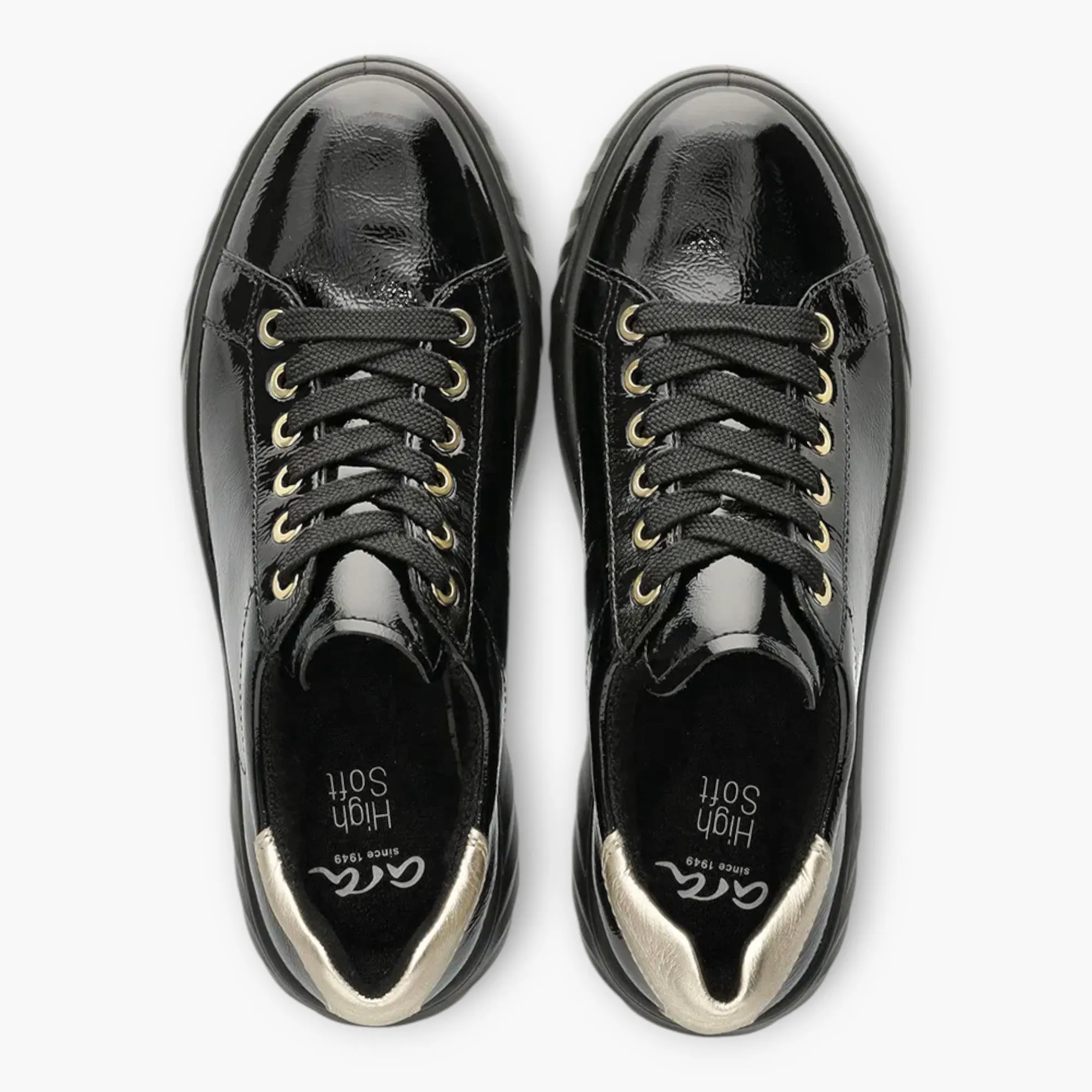 Ara Wide Fit Black Patent Trainer with Gold Heel Detail