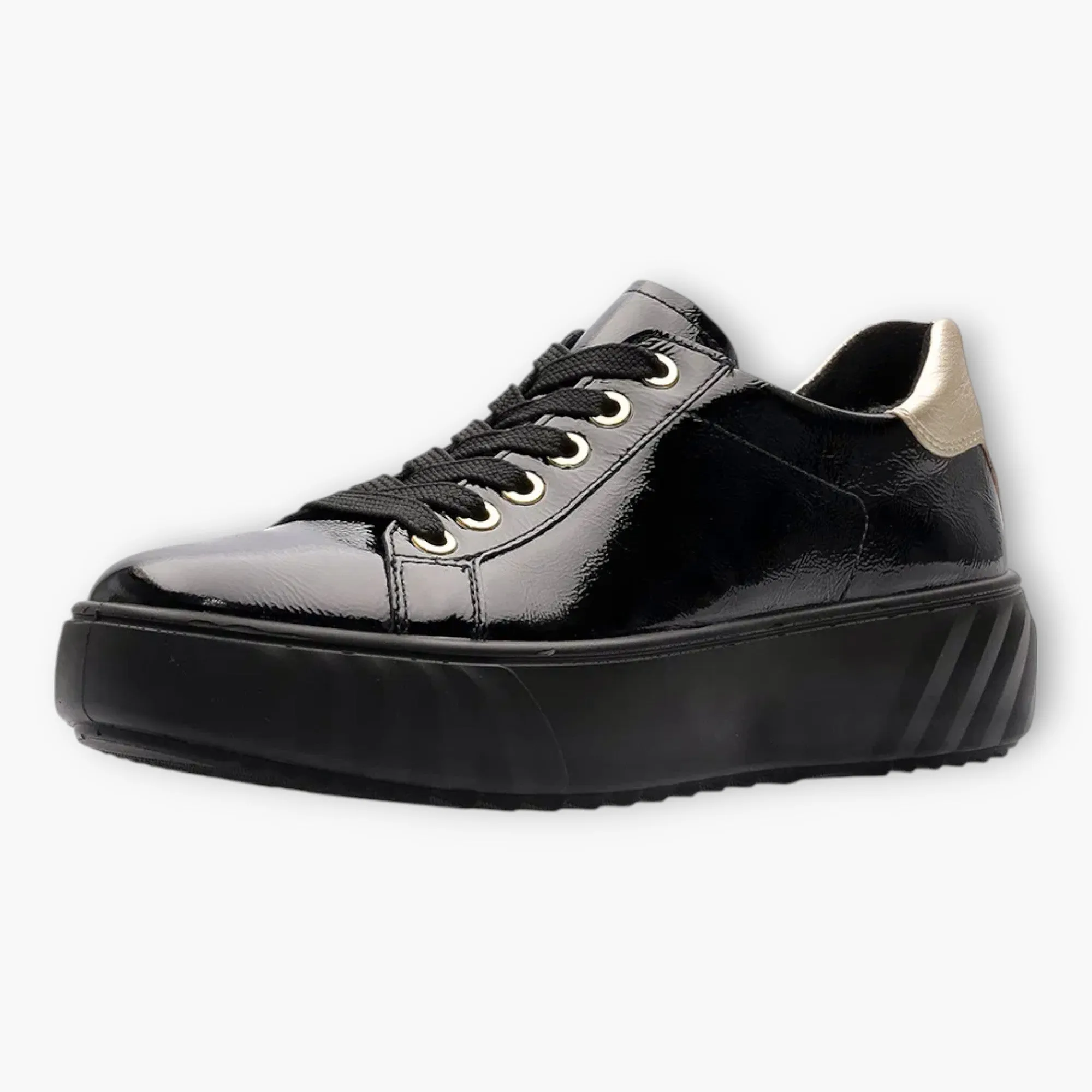 Ara Wide Fit Black Patent Trainer with Gold Heel Detail