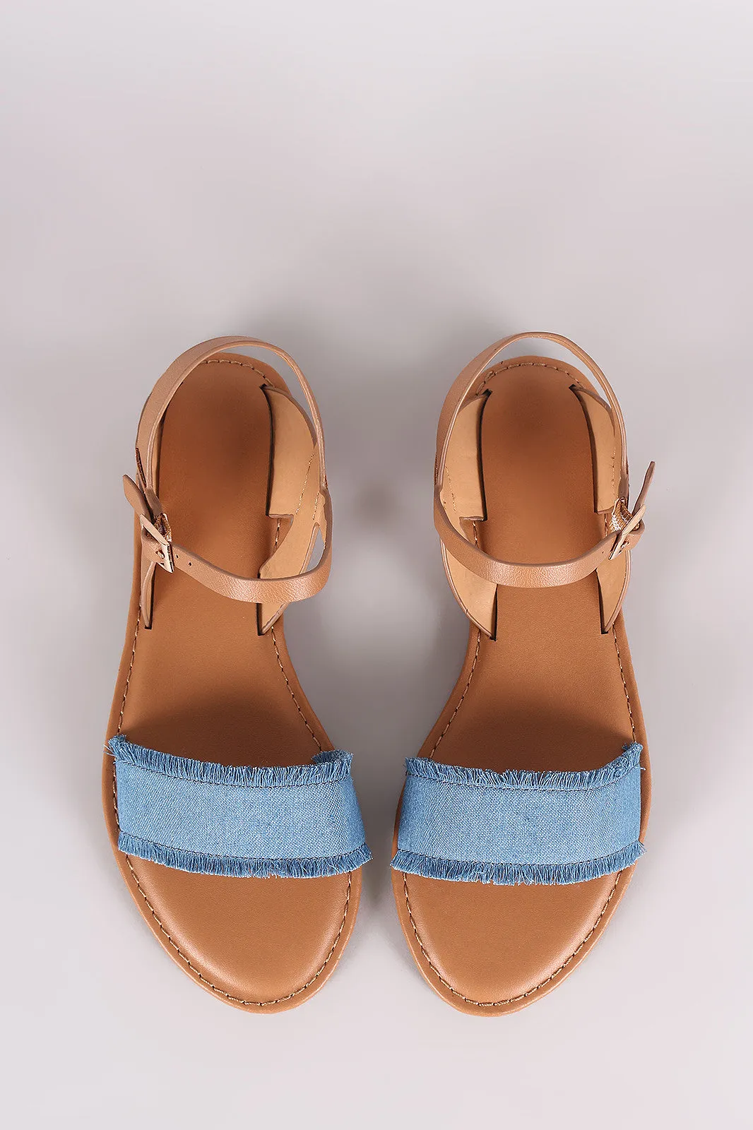 Bamboo Frayed Denim Ankle Strap Flat Sandal