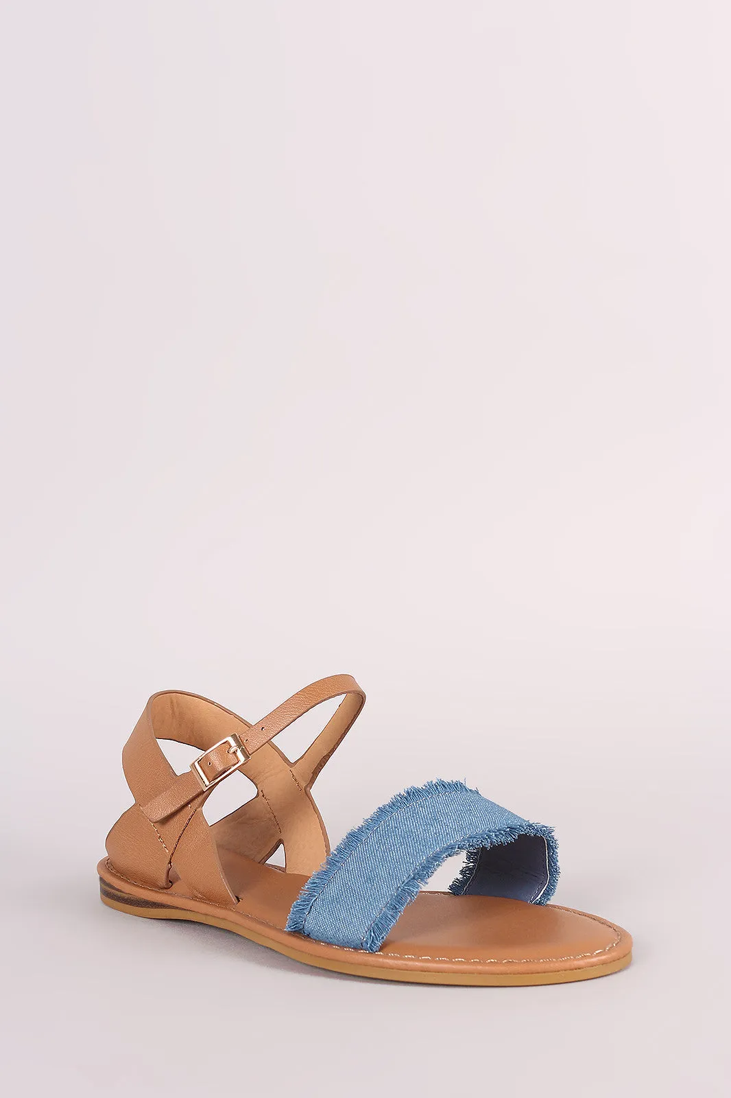 Bamboo Frayed Denim Ankle Strap Flat Sandal