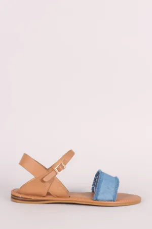 Bamboo Frayed Denim Ankle Strap Flat Sandal