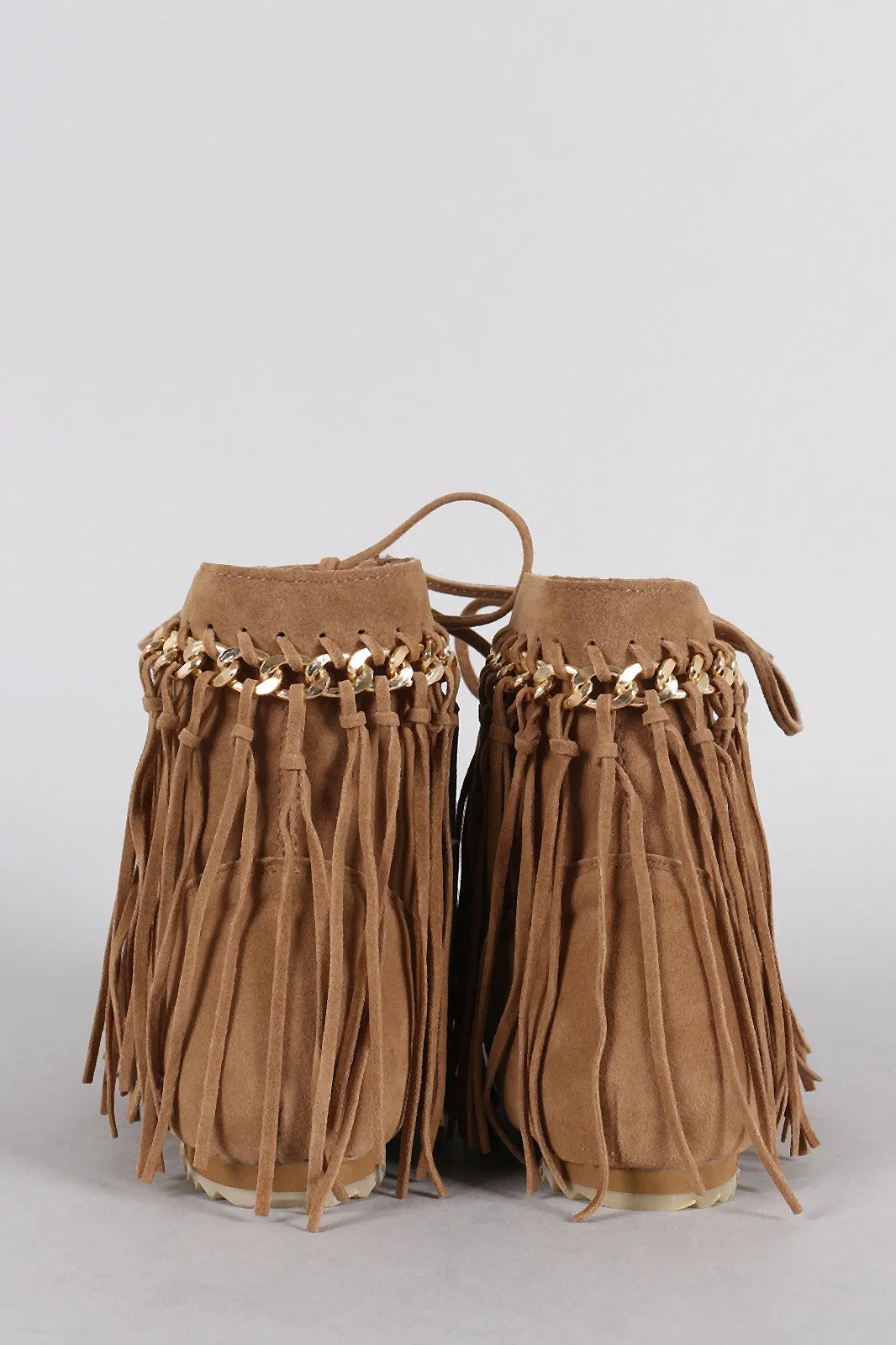 Bamboo Suede Link Chain Fringe Lace Up Moccasin Flat Booties