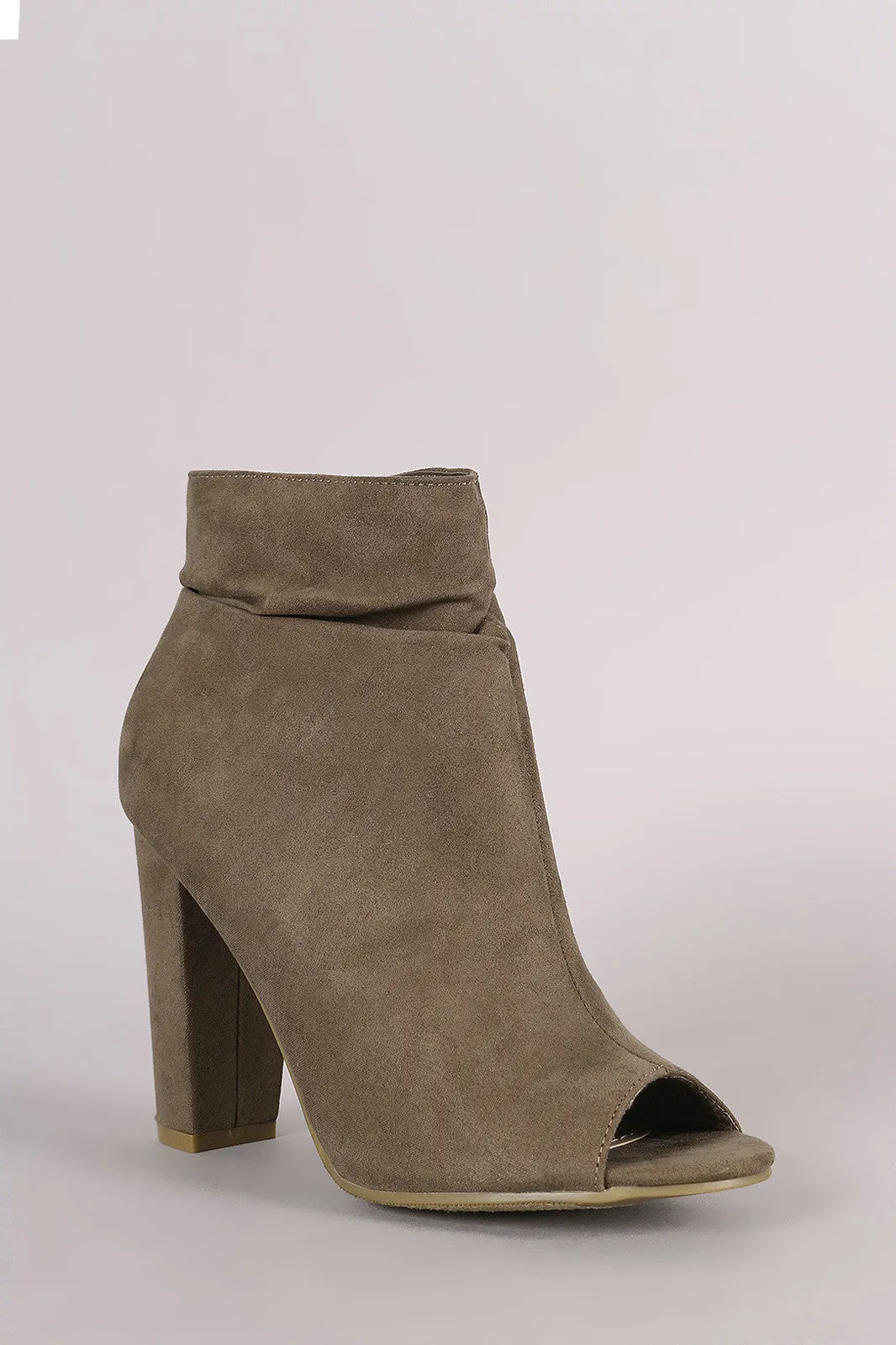 Bamboo Suede Slouchy Peep Toe Chunky Heeled Ankle Boots