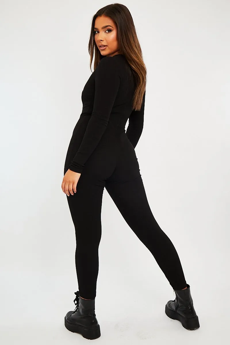 Black Ribbed Corset Seam Long Sleeve Jumpsuit - Poppy