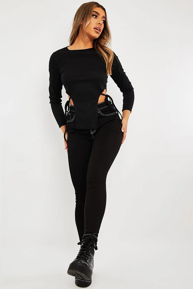 Black Ribbed Side Tie Top - Bibi