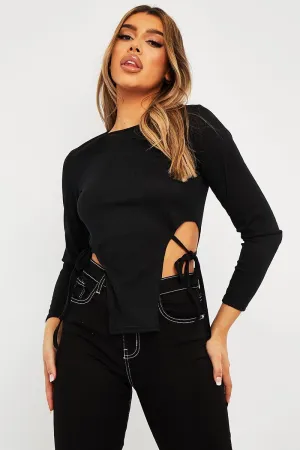 Black Ribbed Side Tie Top - Bibi