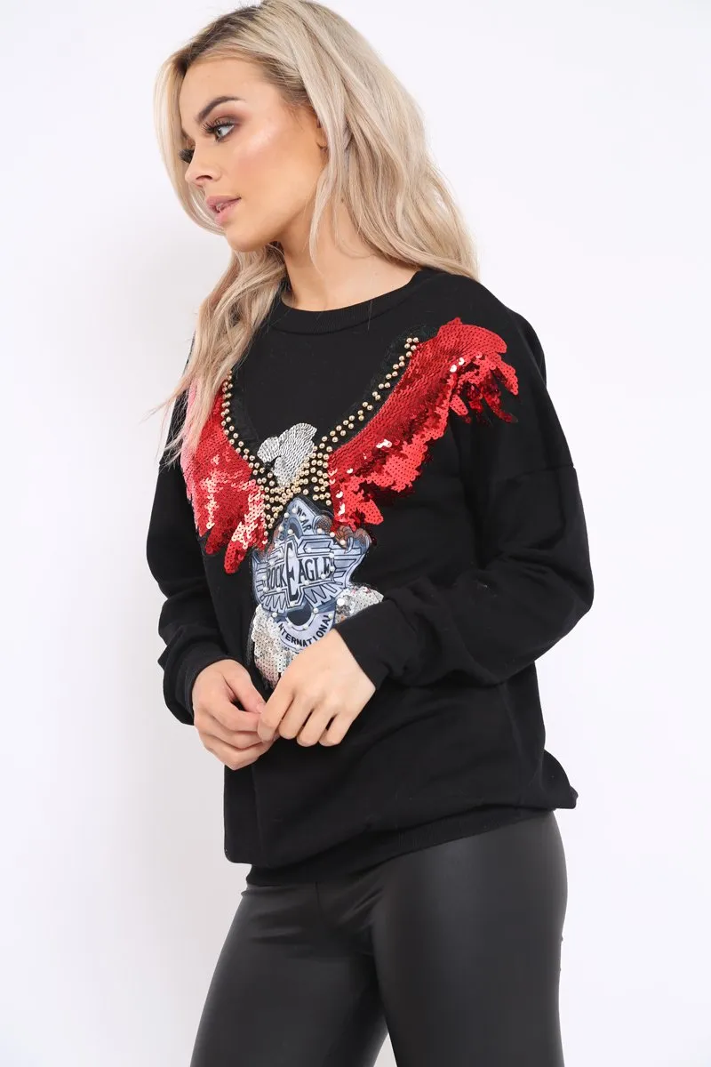 Black Sequin Embellished Rock Eagle Slogan Sweatshirt - Zaria