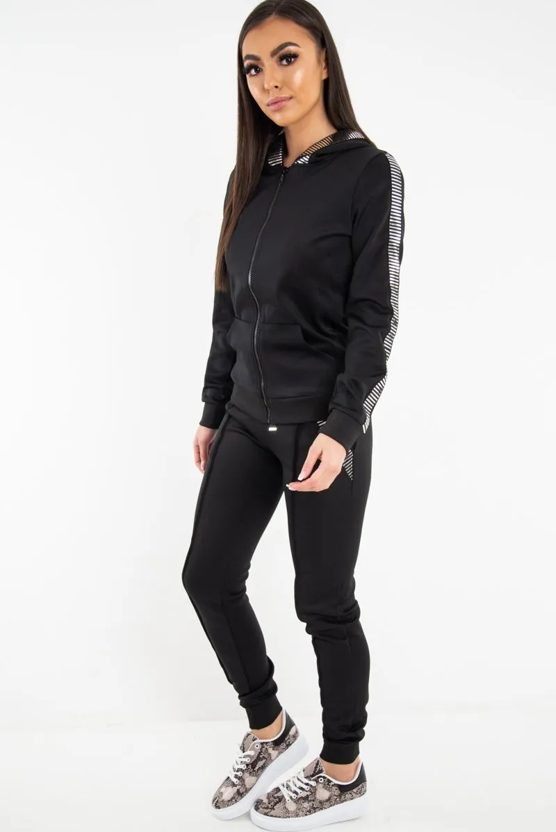 Black Silver Stripe Detail Hooded Tracksuit - Daelyn