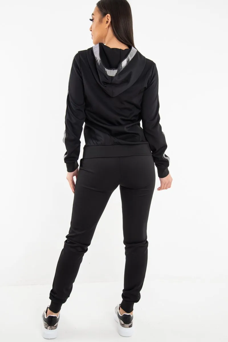 Black Silver Stripe Detail Hooded Tracksuit - Daelyn