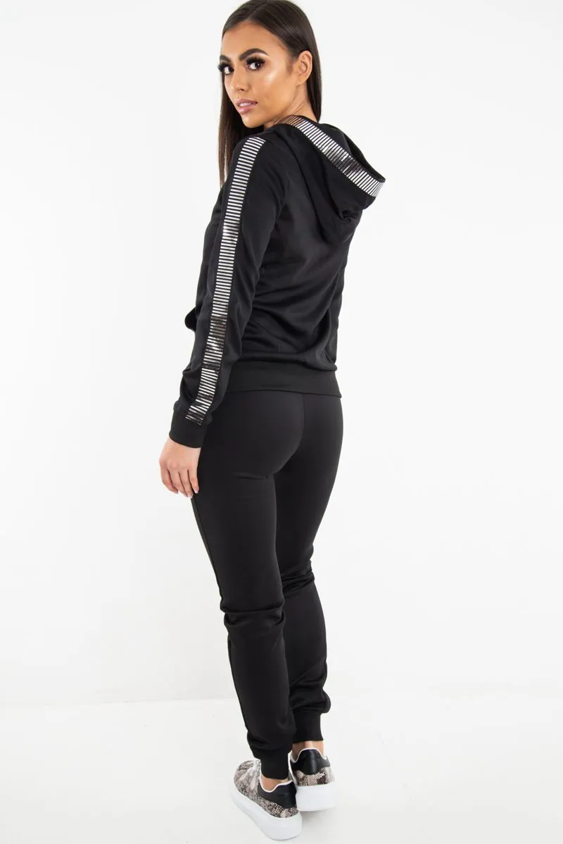 Black Silver Stripe Detail Hooded Tracksuit - Daelyn