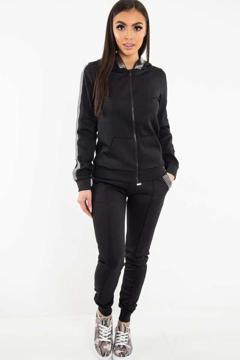 Black Silver Stripe Detail Hooded Tracksuit - Daelyn