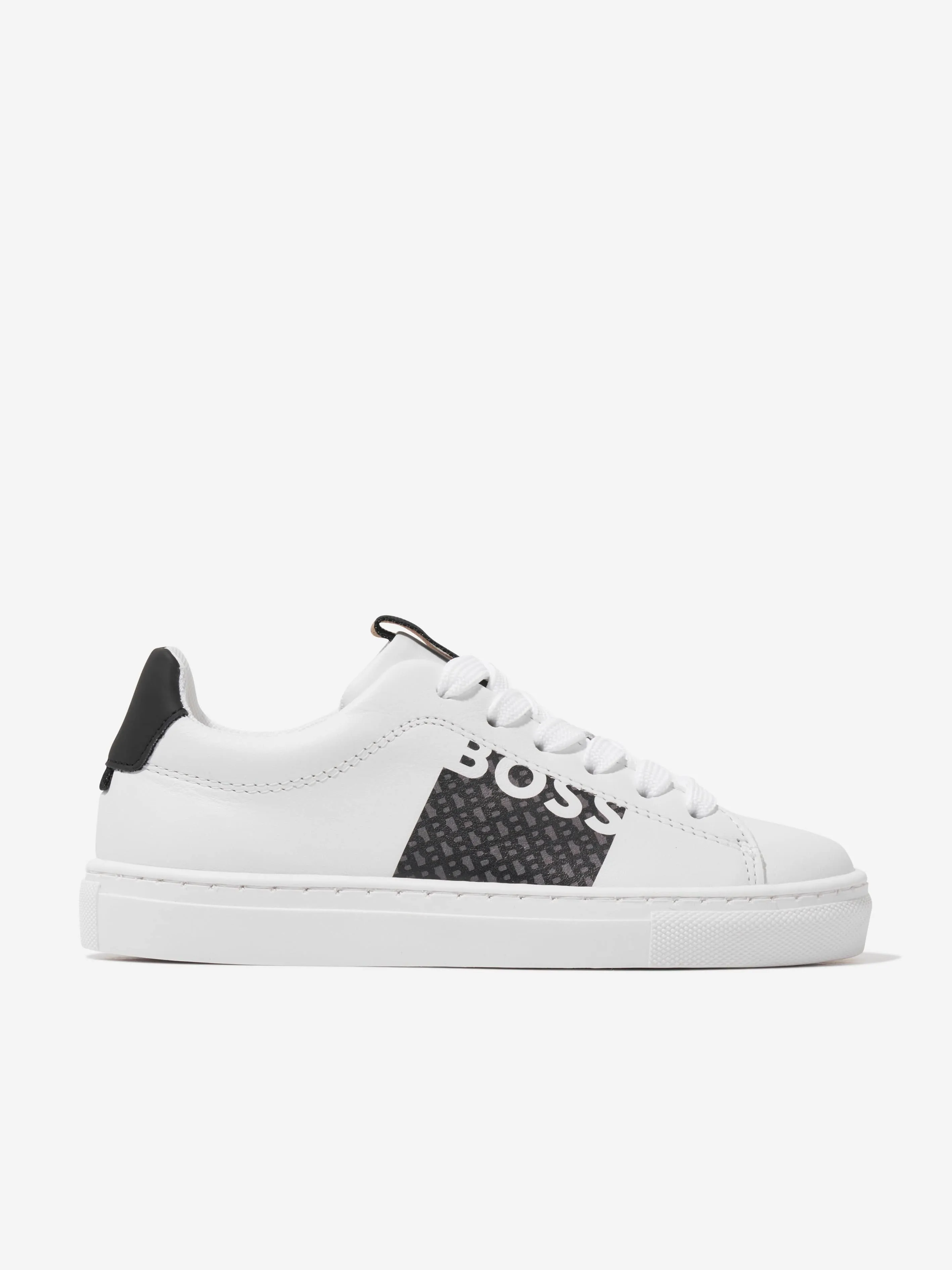 BOSS Boys Leather Monogram Trainers in White