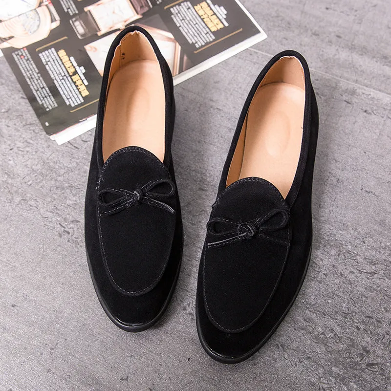 British size pointed small leather shoes men Korean version of velvet leather bow a pedal bean shoes fashion stylist men's shoes