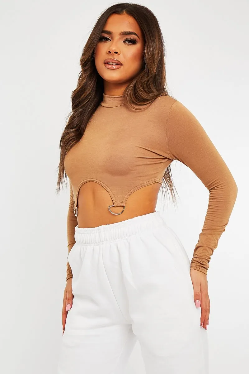 Camel High Neck Cropped Ring Detail Crop Top - Maebel