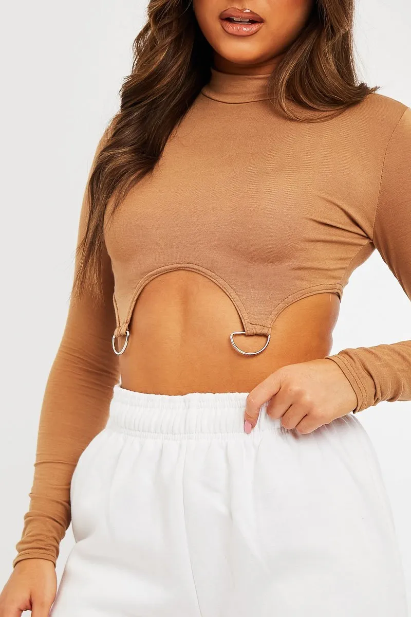 Camel High Neck Cropped Ring Detail Crop Top - Maebel