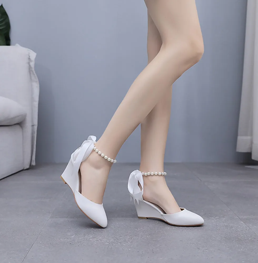 Chunky Heels Ribbons Pointed Toe Women's Wedding Shoes