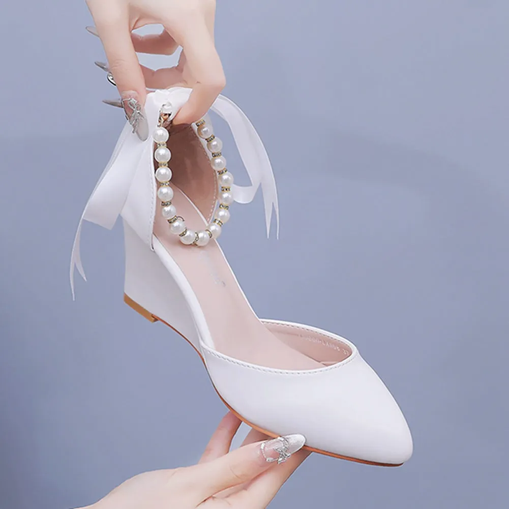 Chunky Heels Ribbons Pointed Toe Women's Wedding Shoes