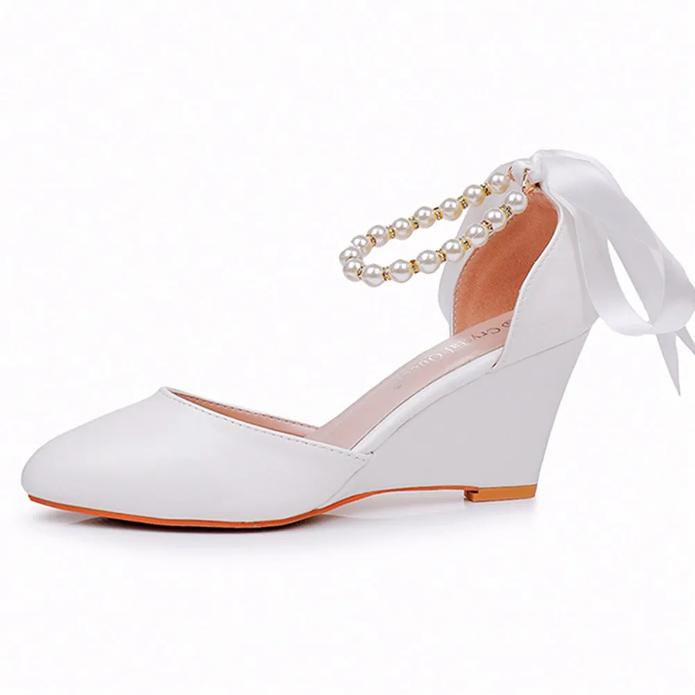 Chunky Heels Ribbons Pointed Toe Women's Wedding Shoes