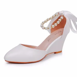 Chunky Heels Ribbons Pointed Toe Women's Wedding Shoes