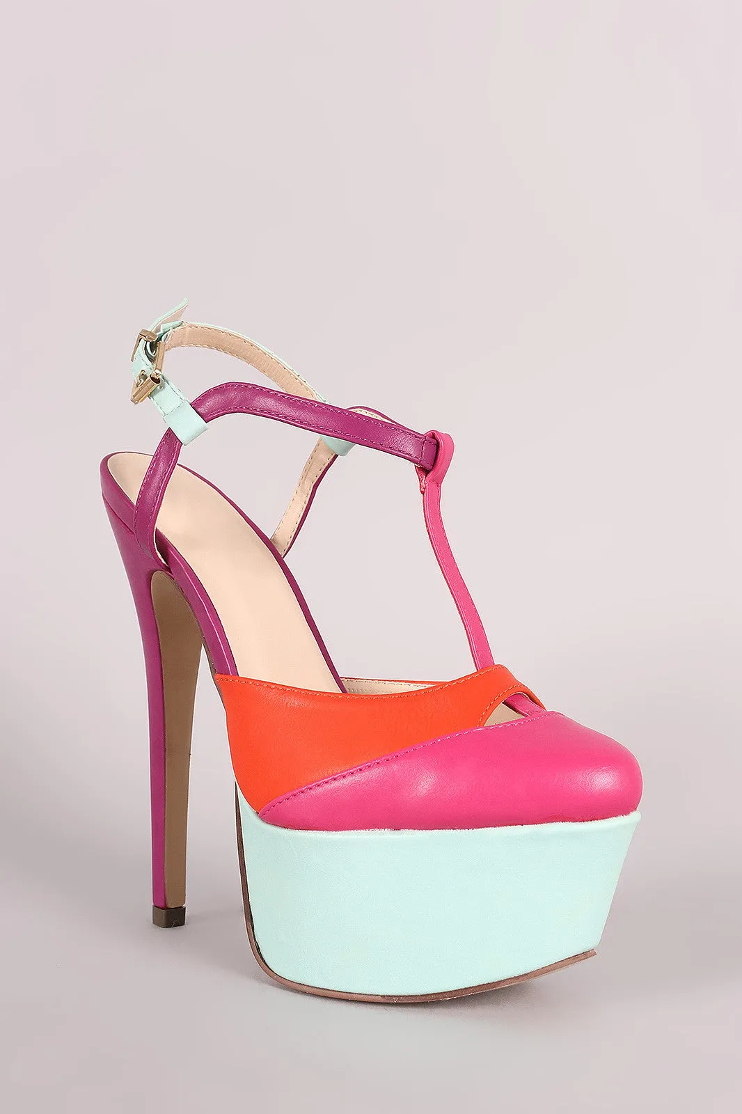 Colorblock T-Strap Chunky Platform Pump