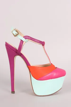 Colorblock T-Strap Chunky Platform Pump