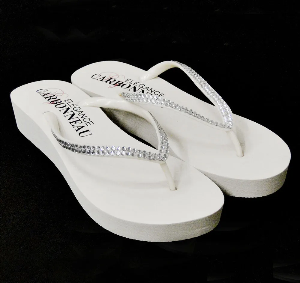 Crystal Low Wedge Bridal Flip Flops - White