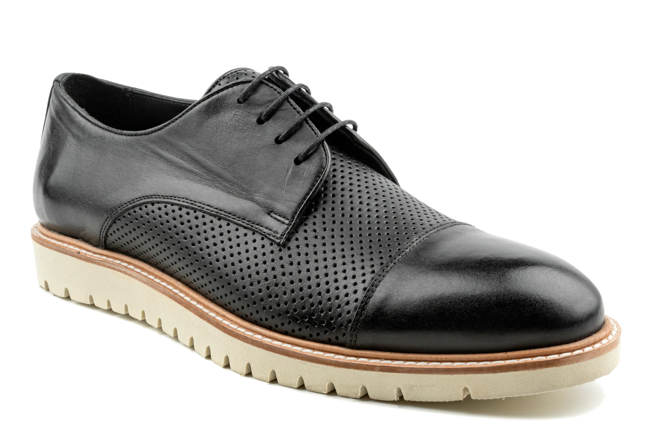 Debbano Rex Lug Sole Derby Shoes, Top Grain Leather Spring & Summer Derby Shoes That Feel Like Sneakers, Breathable Perforated Derby Sneakers , Cap Toe Derby Shoes, Black Derby Shoes for Men