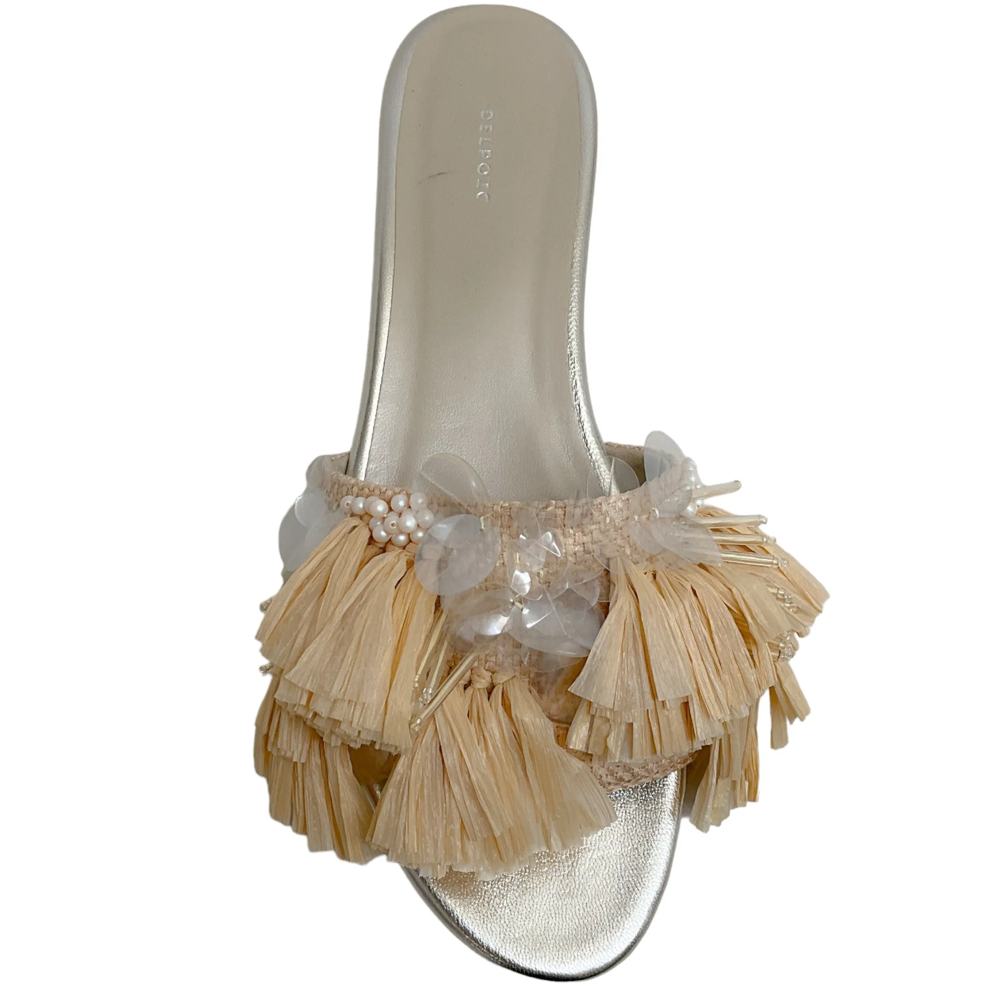 Delpozo Raffia Slide Sandals with Pailettes and Pearls