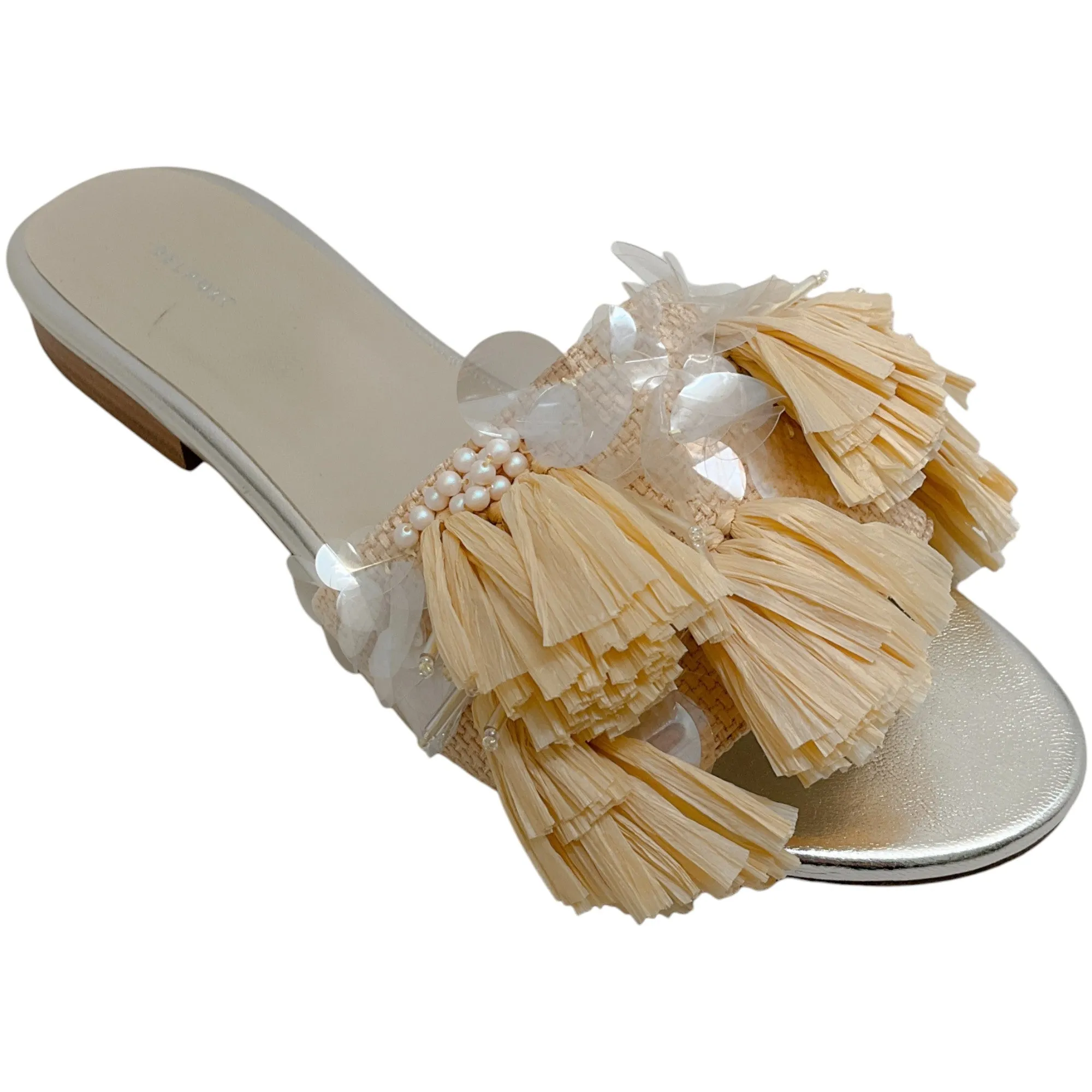 Delpozo Raffia Slide Sandals with Pailettes and Pearls