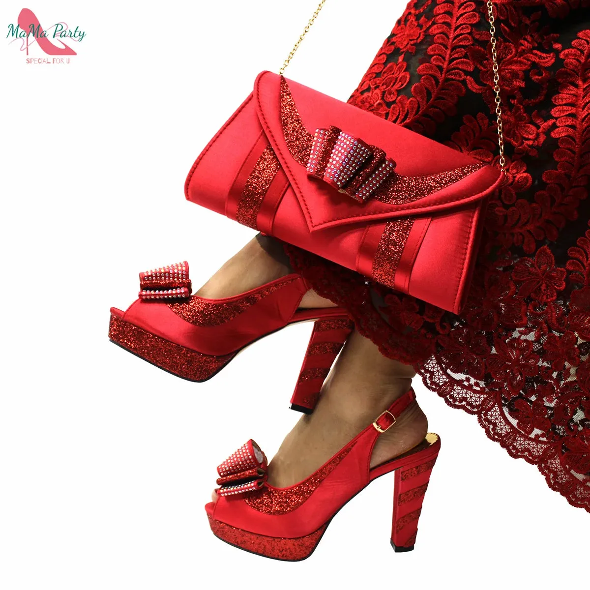 Elegant Style African Women Shoes Matching Hand Bag Set in Red  Color Slingbacks Sandals with Platform for Party