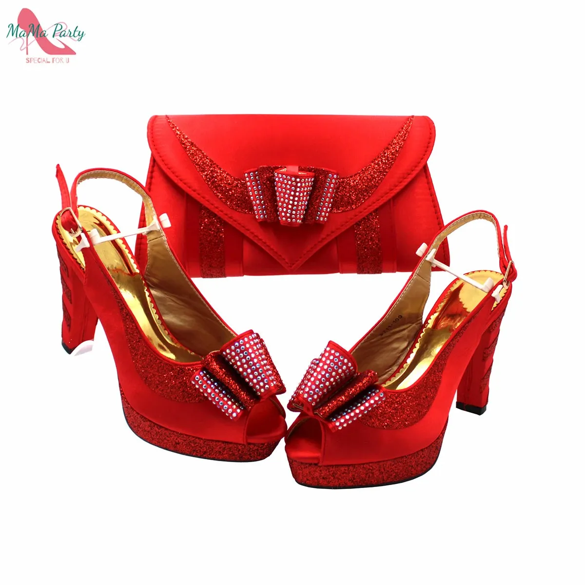 Elegant Style African Women Shoes Matching Hand Bag Set in Red  Color Slingbacks Sandals with Platform for Party