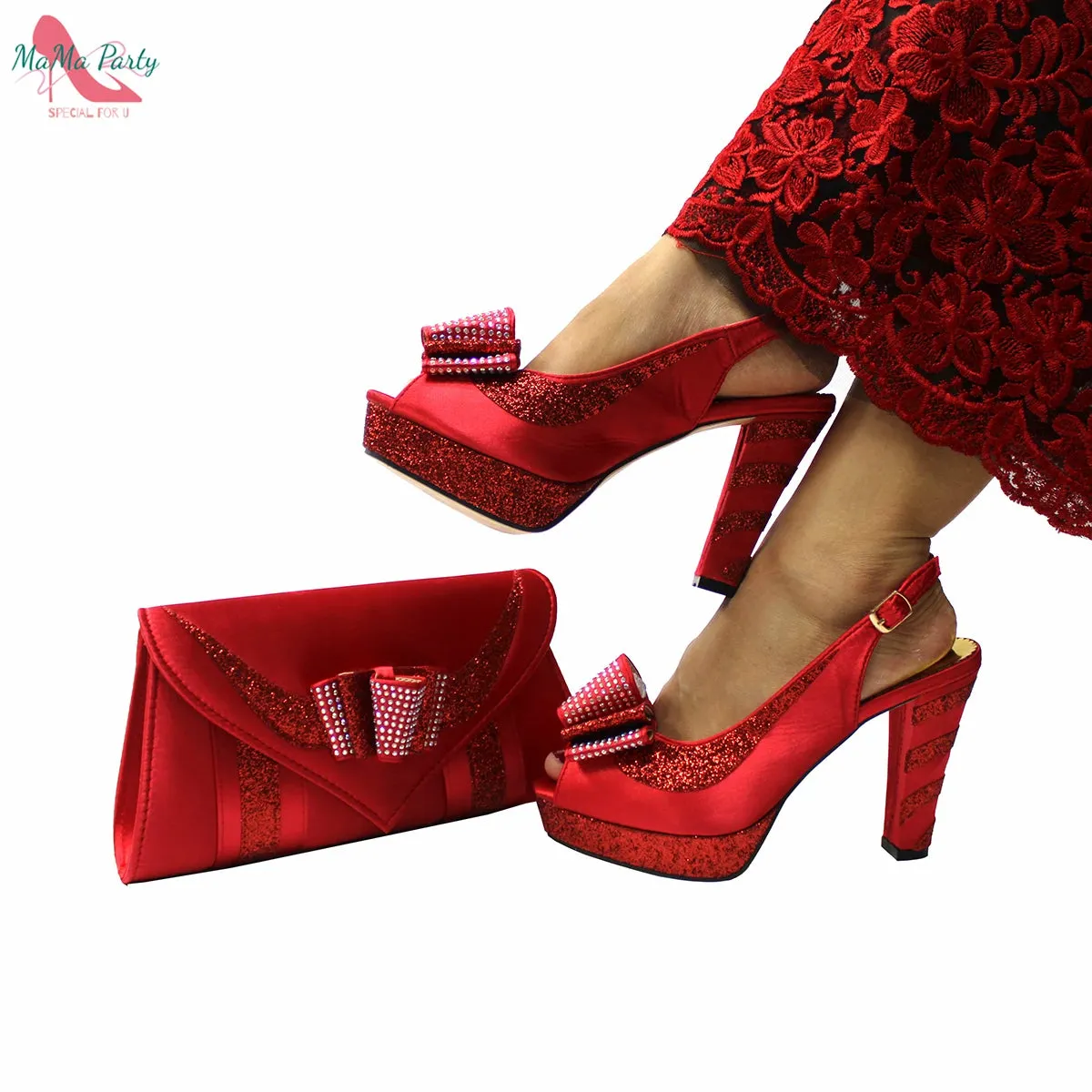 Elegant Style African Women Shoes Matching Hand Bag Set in Red  Color Slingbacks Sandals with Platform for Party