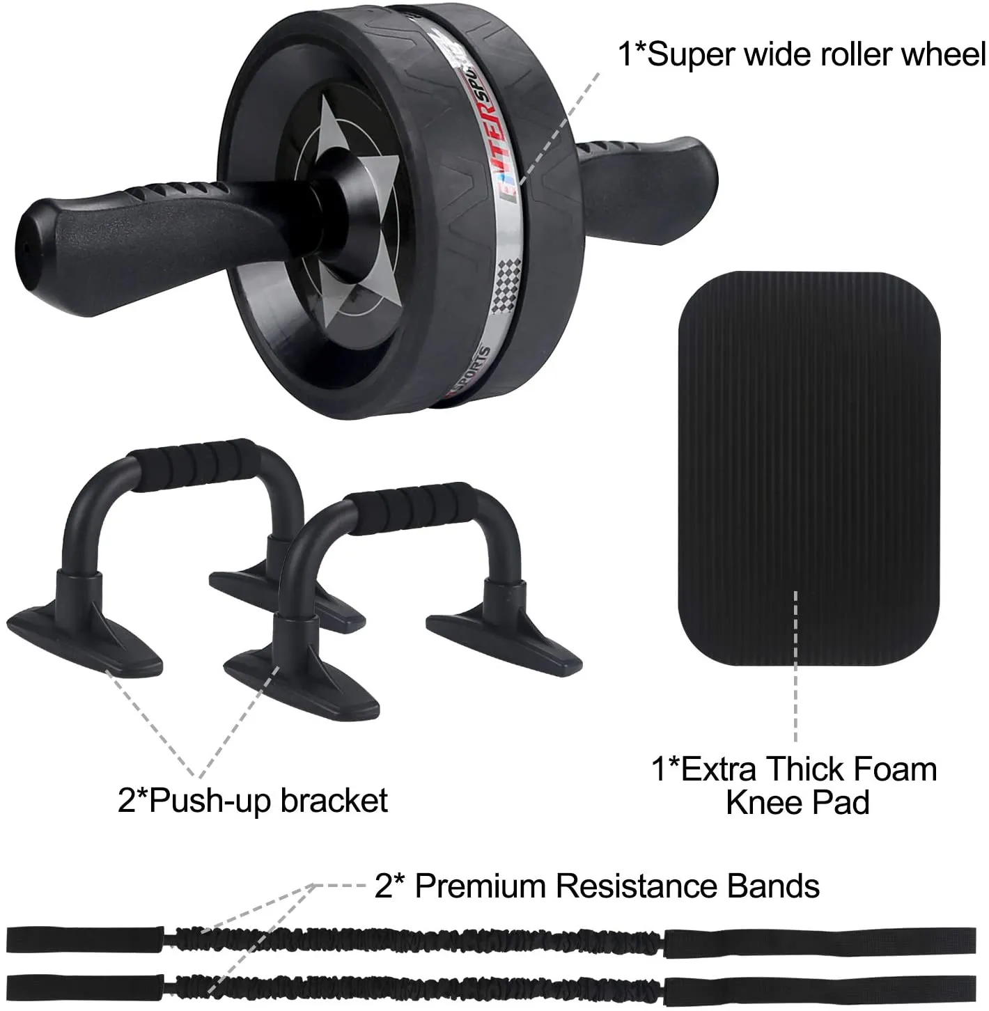 EnterSports Ab Roller Wheel, 6-in-1 Ab Roller Kit with Knee Pad, Resistance Bands, Pad Push Up Bars Handles Grips , Perfect Home Gym Equipment for Men Women Abdominal Exercise